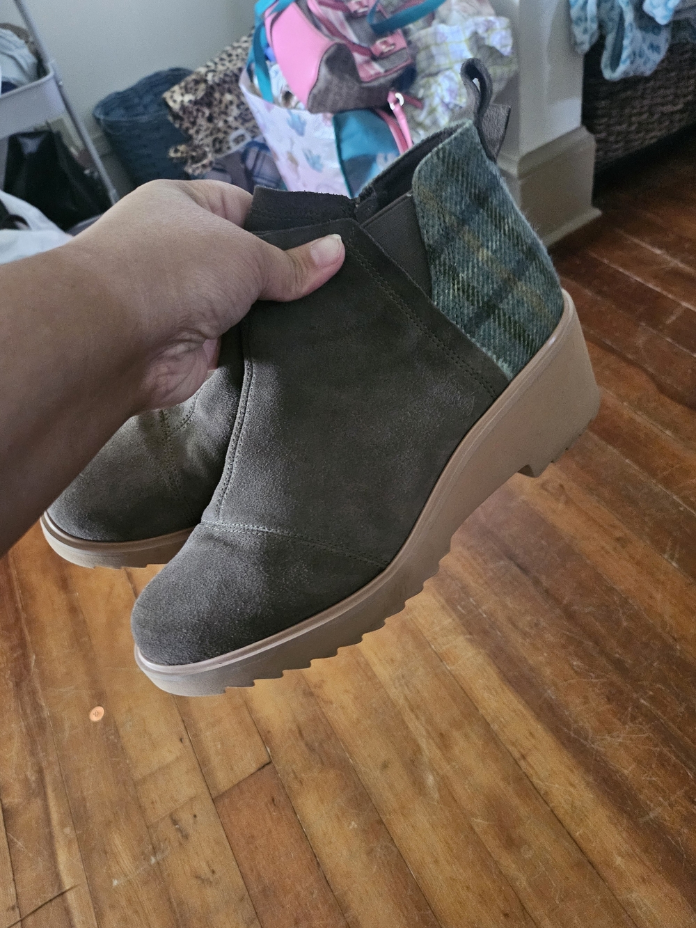 Toms Olive Suede Wedge Ankle Boots with Plaid Heel Panel